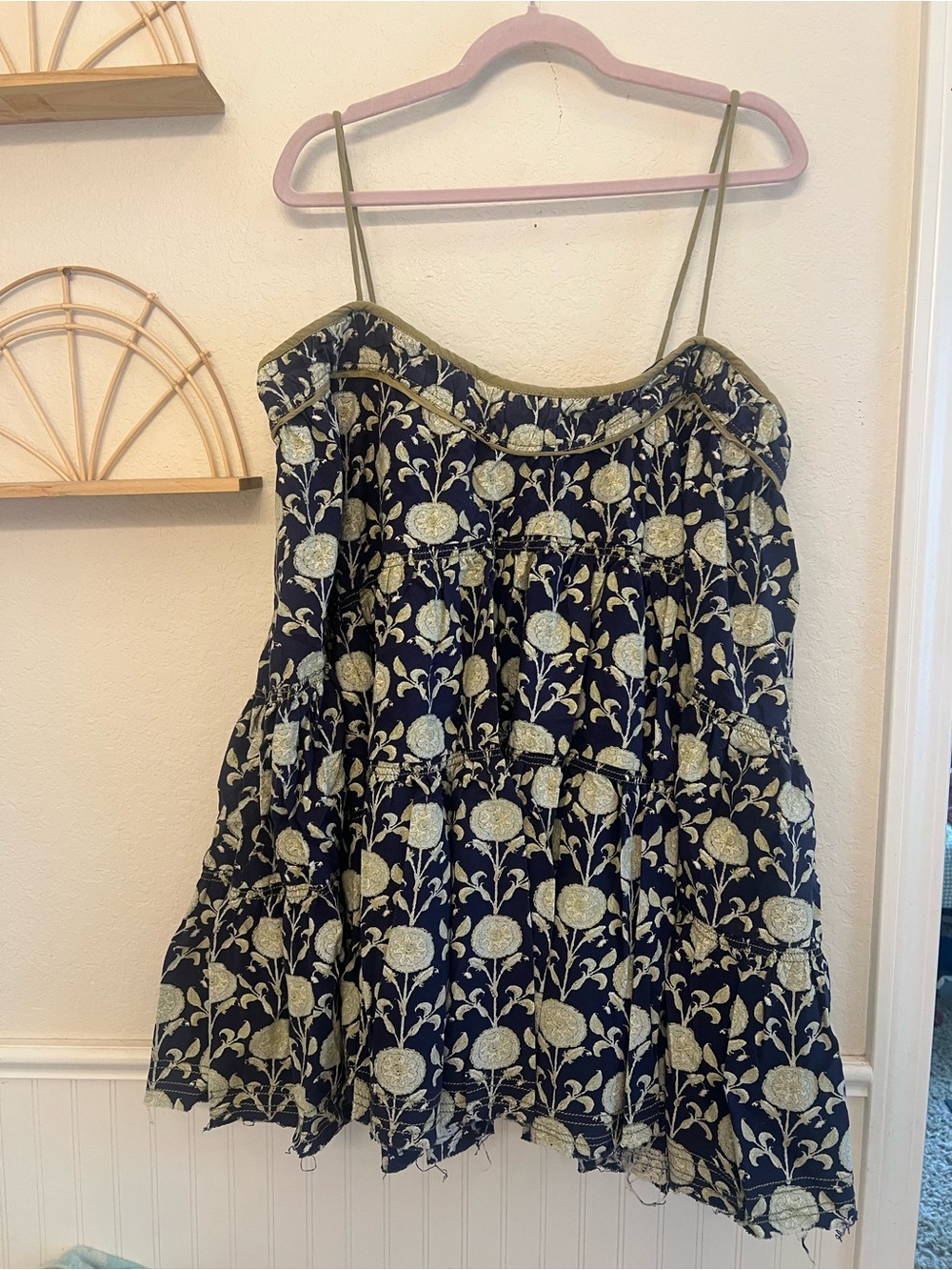 Free People Navy Floral Tiered Sundress with Olive Trim